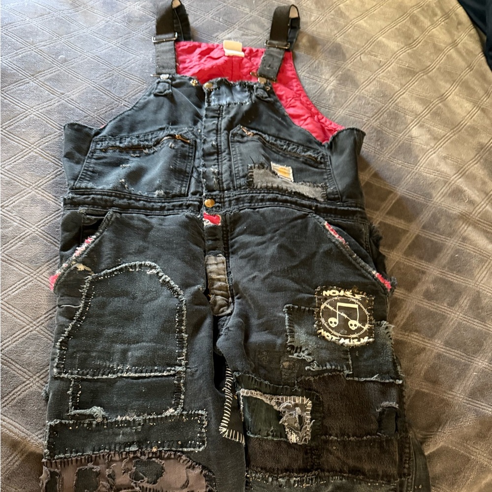 Carhartt Tapered Black Patchwork Overalls Red lining DIY CRUST PUNK Slim Skinny